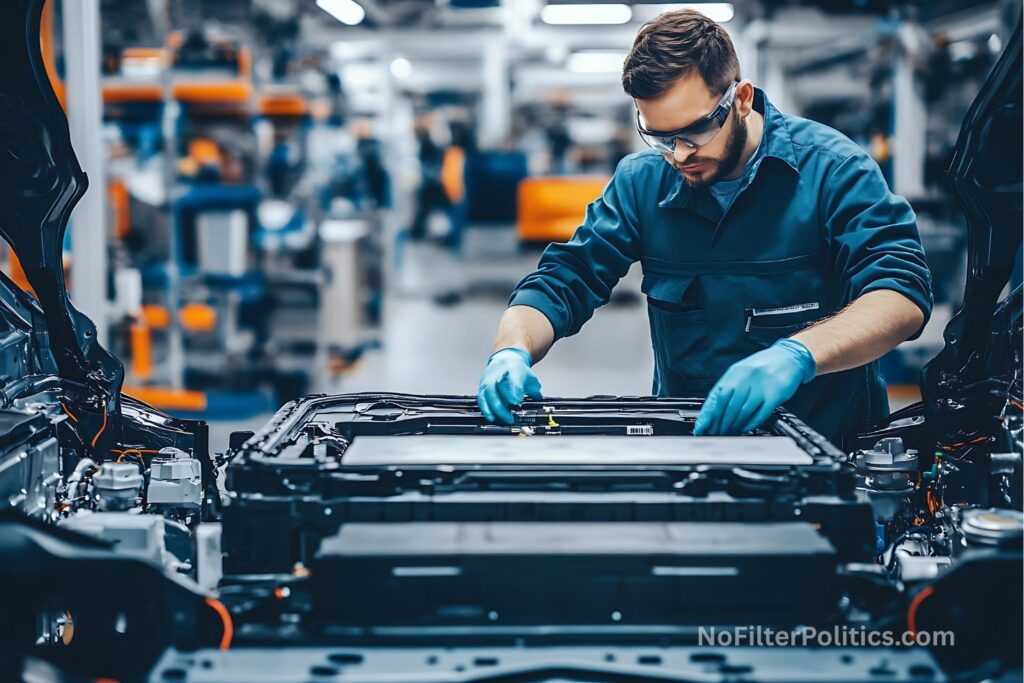 Electric Car Battery Being Assembled by Mechanic