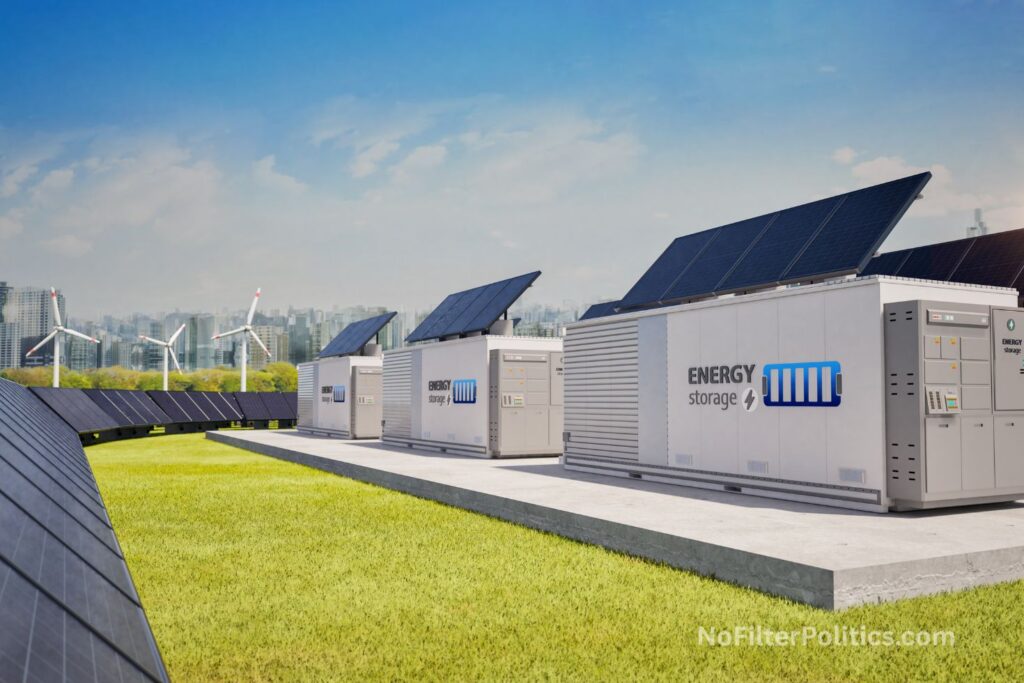 Energy storage system or battery container unit with solar panel